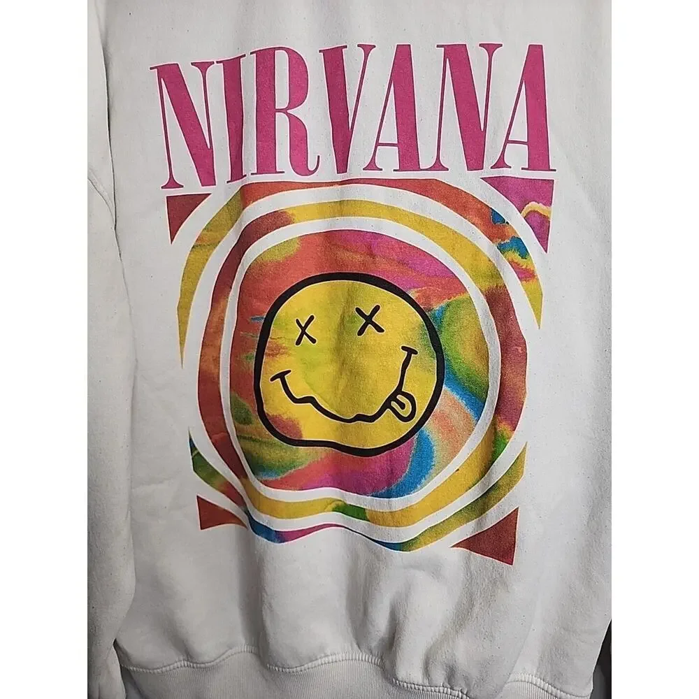Nirvana Smiley Face Sweatshirt; Aesthetic White Rainbow Unisex Sweatshirt - Picture 2 of 6